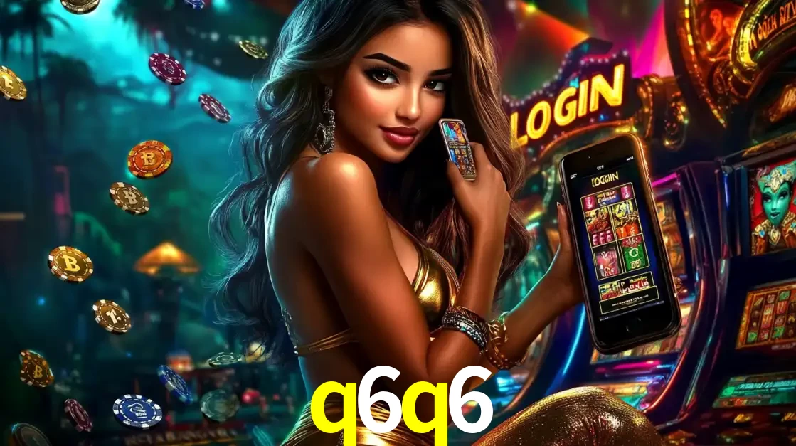 Mulher em um cenário de cassino temático de aventura, mostrando o app de caça-níqueis da q6q6 no celular. Fichas de apostas flutuam ao redor.