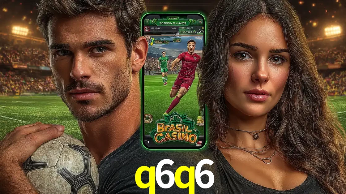 Homem segurando uma bola de futebol e uma mulher ao lado de um smartphone exibindo o jogo de apostas esportivas da q6q6. Faça seu palpite no cassino online.